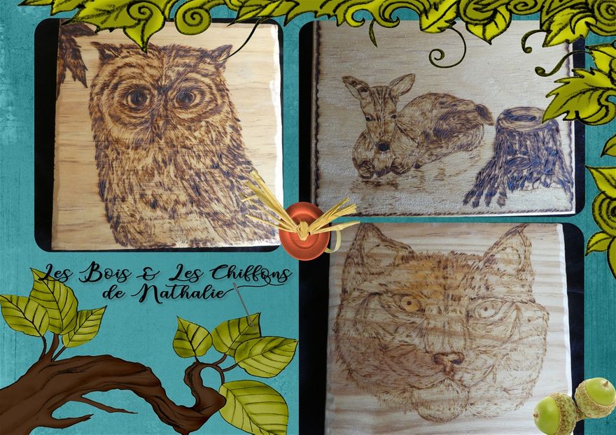Animaux de la forêt  pyrogravure sur bois